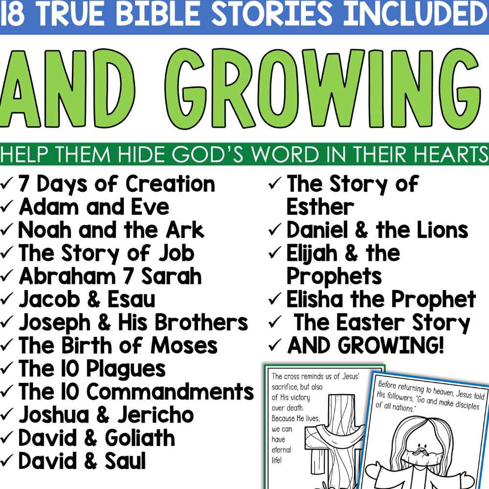 Bible Stories Coloring Poster and Bulletin Board Bundle with list of included stories
