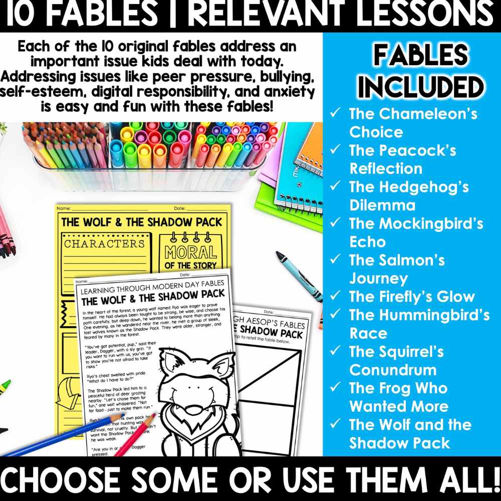 Modern Day Fables Unit by Tied 2 Teaching featuring original fable " The wolf and the shadow pack" on student desk.