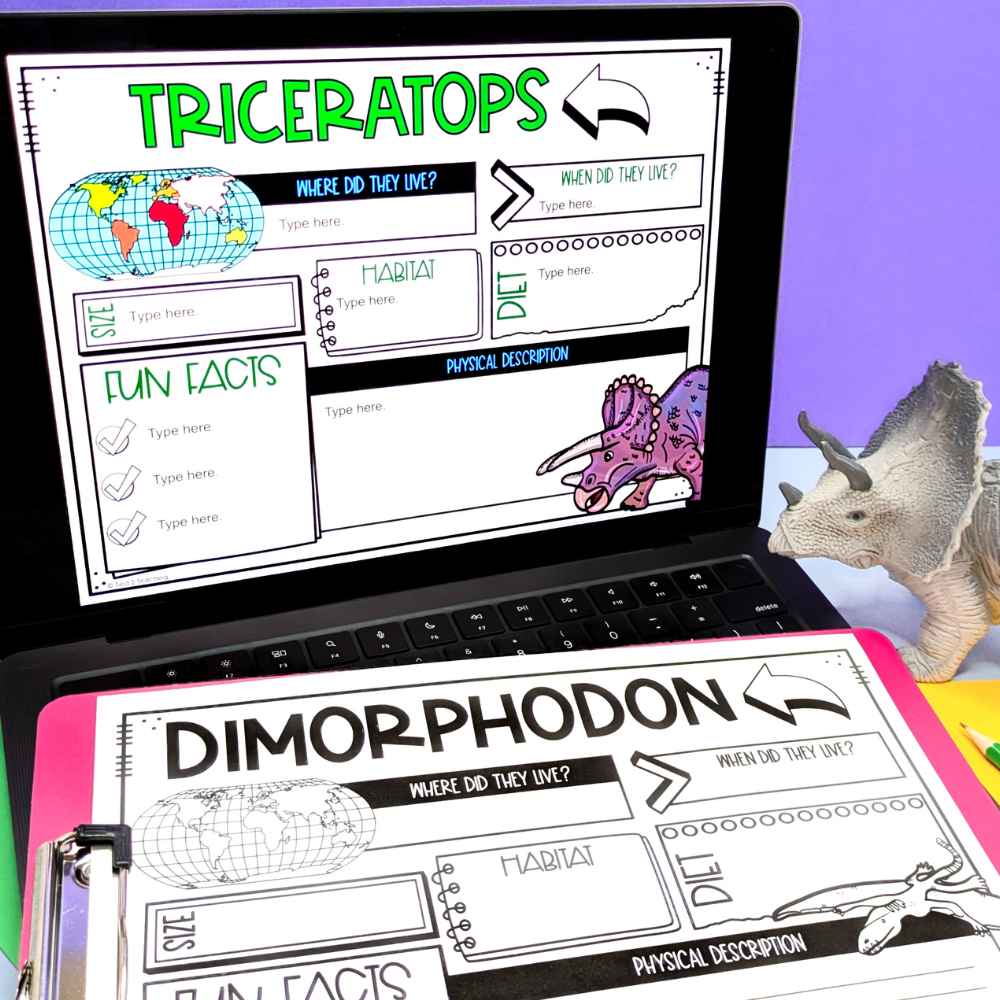 Dinosaur Research Organizers by Tied 2 Teaching with colorful Dinosaur Graphic Organizers on a computer screen.