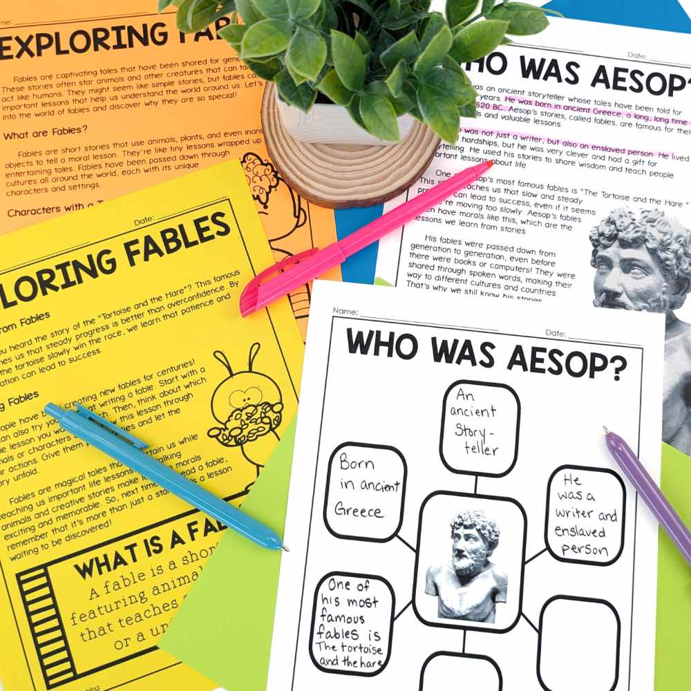Aseop's Fables Unit and Writing Activities with Who was Aesop reading passage and Organizer Sitting on Student Desk.