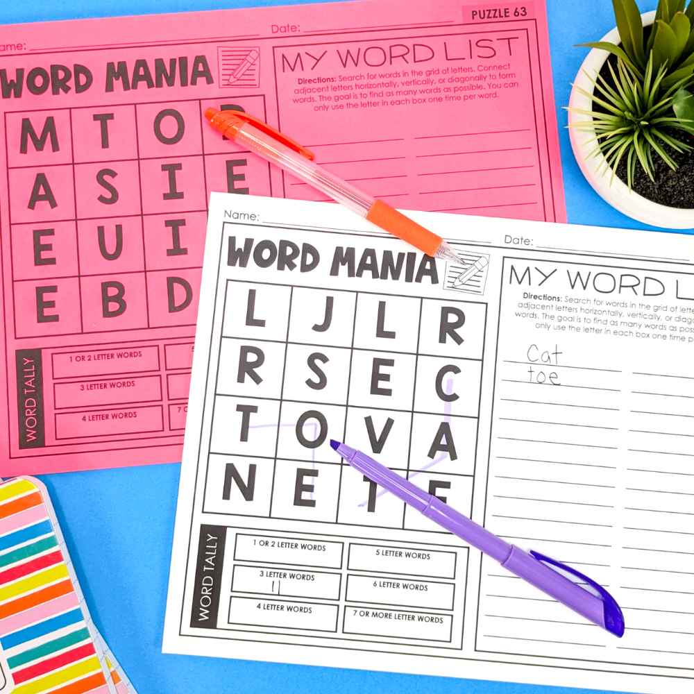 Printed Word Mania Boggle Style Game Sheets