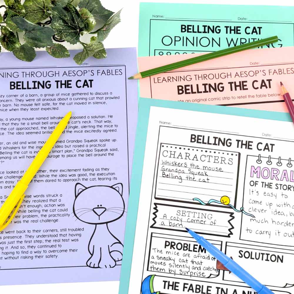 Aseop's Fables Unit and Writing Activities with Belling th Cat Fables and Graphic Organizer Sitting on Student Desk.