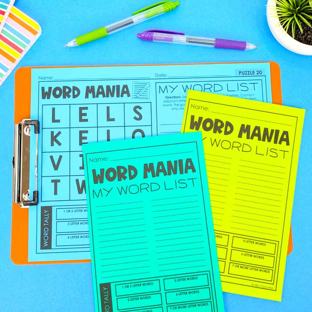 Colorful Word Mania Boggle Style Sheets Printed and Sitting on Student Desk. 