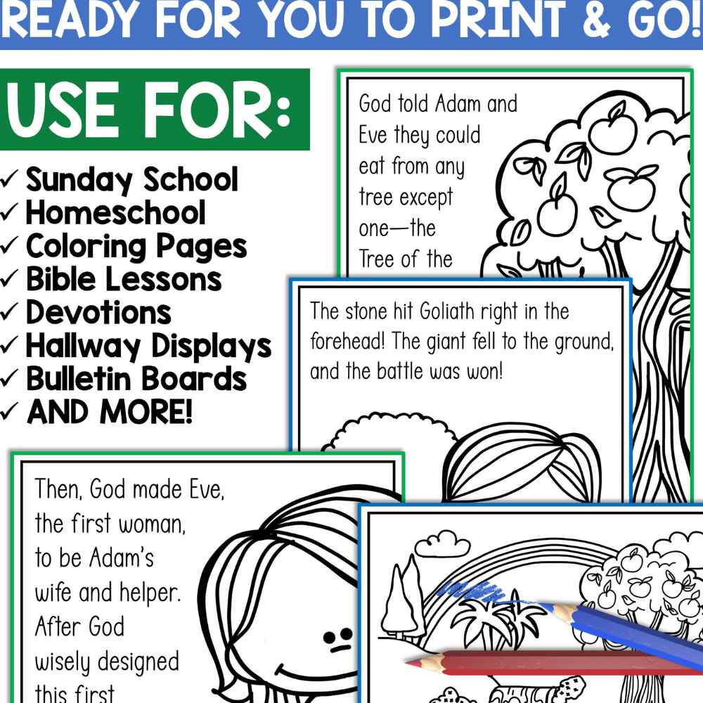 Bible Stories Coloring Poster and Bulletin Board Bundle with coloring posters and colored pencils.