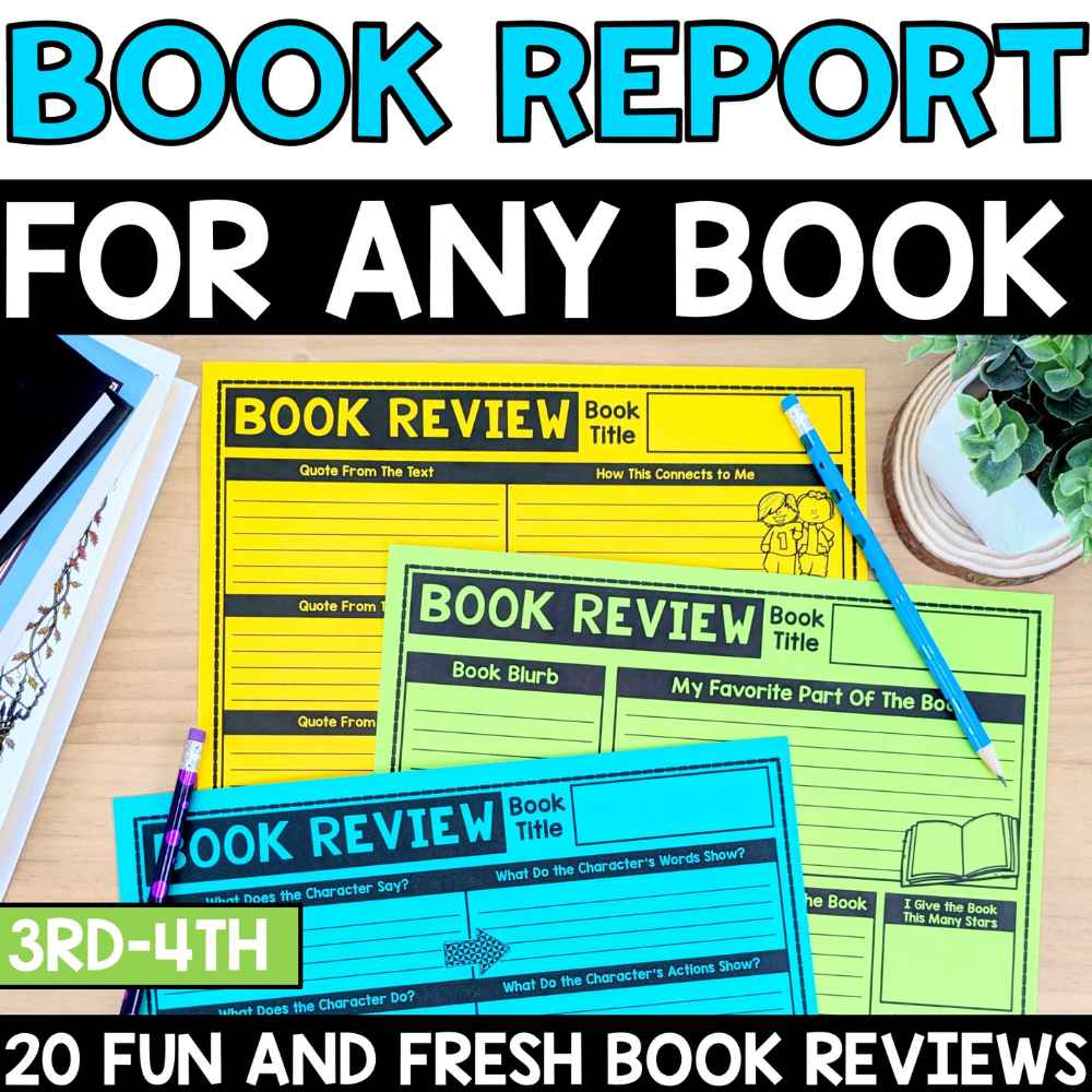 Book Report for Any Book by Tied 2 Teaching with colorful printable book reviews.