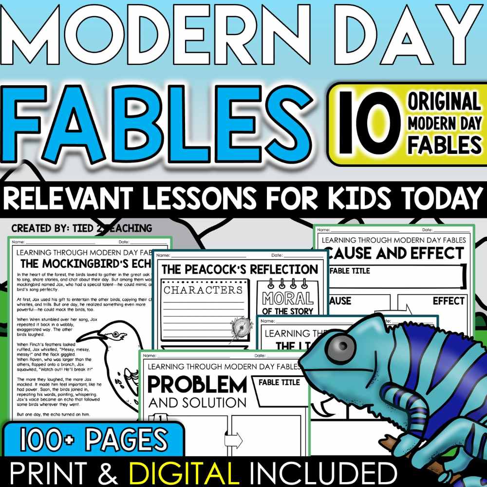 Modern Day Fables Cover by Tied 2 Teaching with student pages and colorful Chameleon