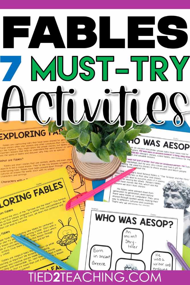 Fables: 7 Must Try Activities blog post cover with colorful pages featuring Aseop and graphic organizer.