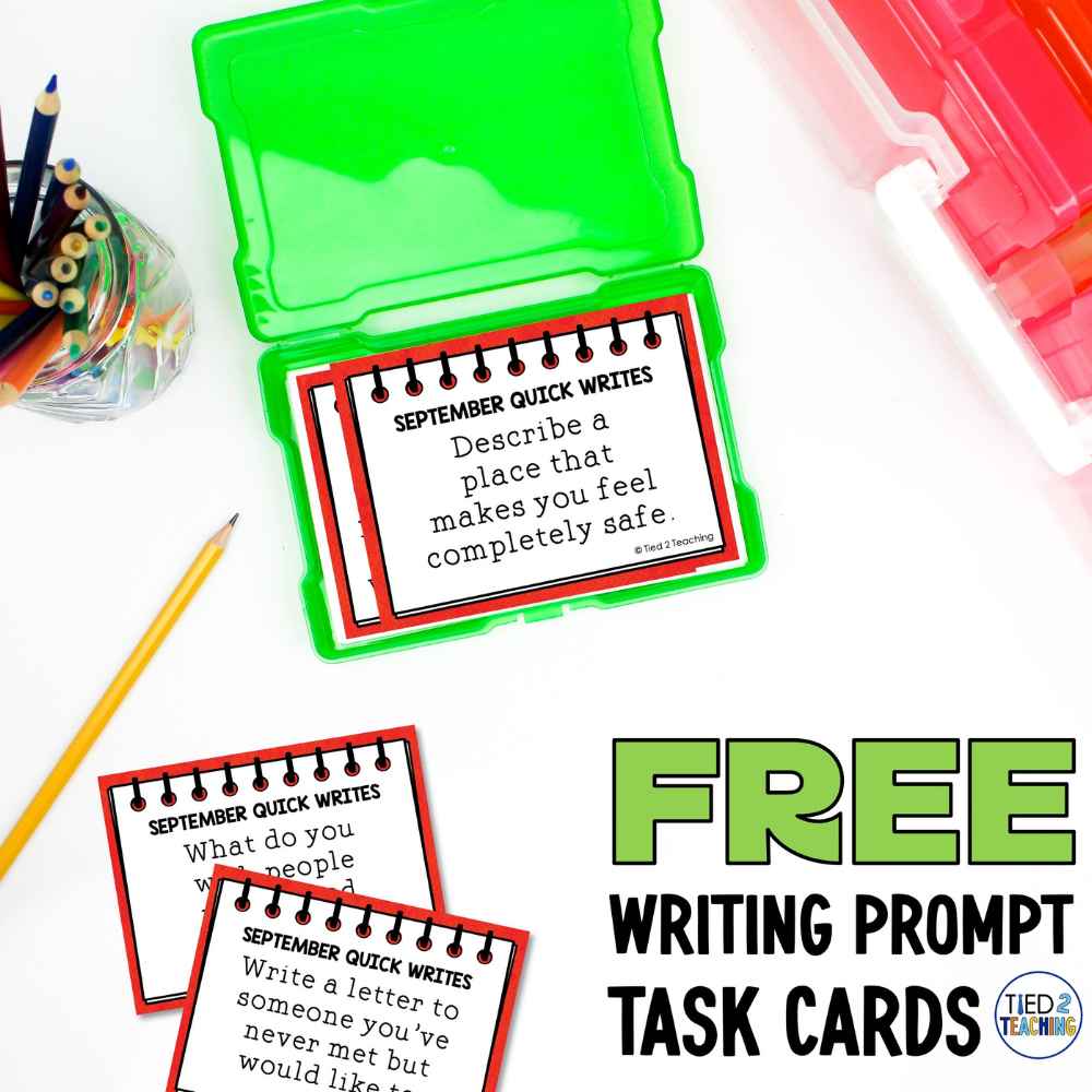 Free September Writing Prompt Task Cards with Colorful Writing prompts on desk