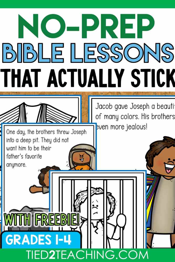 Bible Lessons that Actually Stick by Tied 2 Teaching Blog Post Cover with colorful Bible Story Posters
