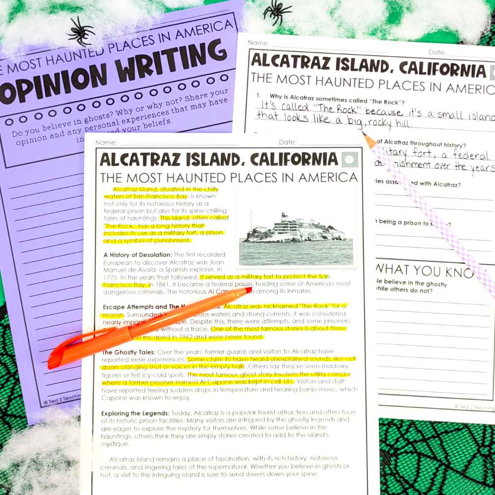 Haunted Places Reading Passages by Tied 2 Teaching featuring Alcatraz Island Reading passage with highlighting. 