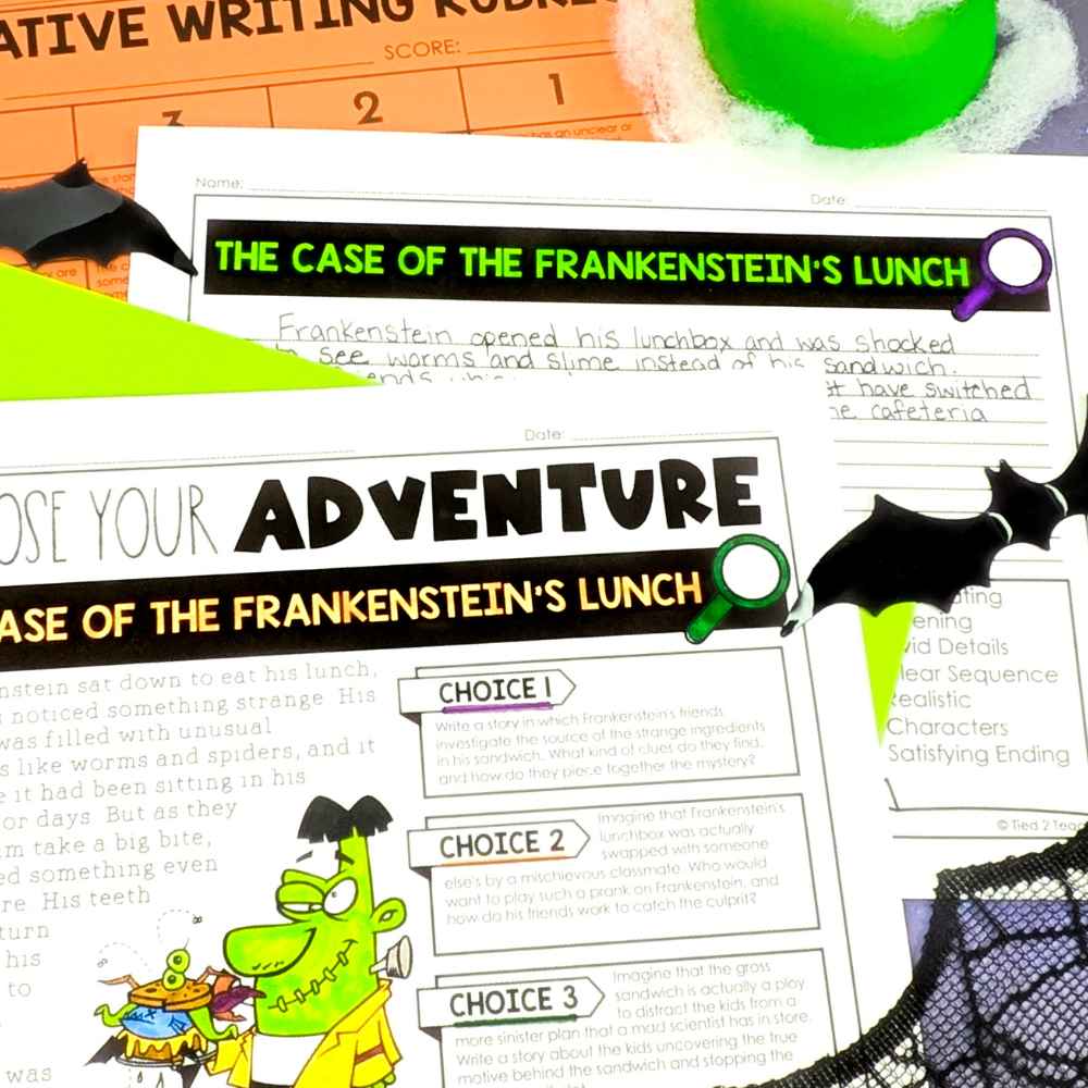 Choose a Halloween Adventure Writing Page by Tied 2 Teaching with bat and Zombie 