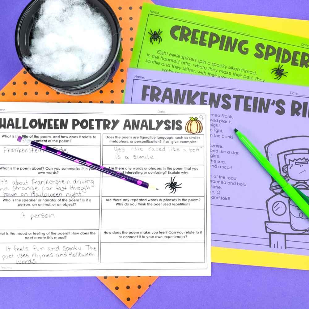 Colorful Halloween Poetry Activities on Purple and Orange Background