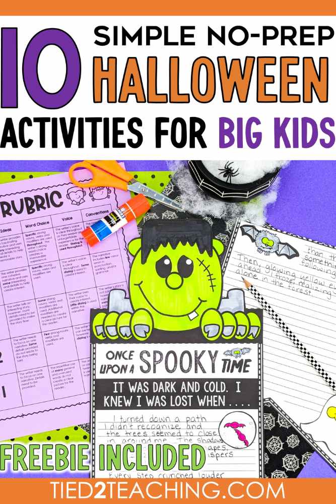 10 no-prep halloween Activities for Upper Elementary with fun Halloween writing pennant. 