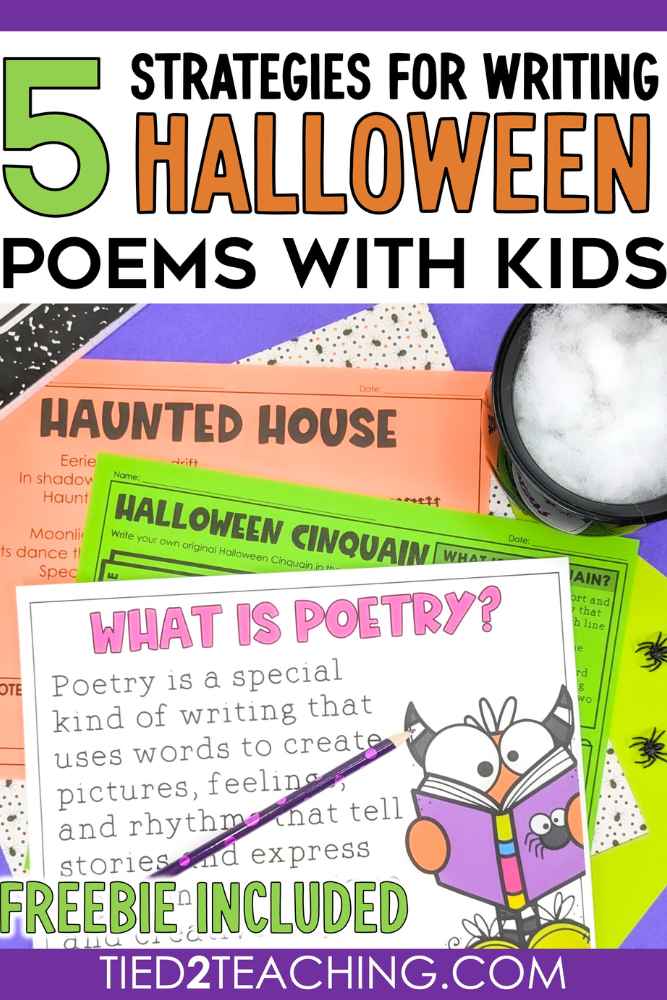 What is poetry colorful halloween poster on student desk with Halloween Poerty graphic organizers. 